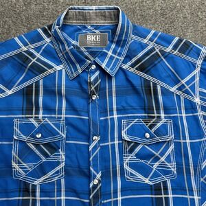BKE Shirt Mens XL Blue Plaid Athletic Fit Snap Buttons Short Sleeve Collared